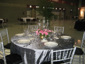 Silver Table with crystal and pink accents from Classic Party Rental