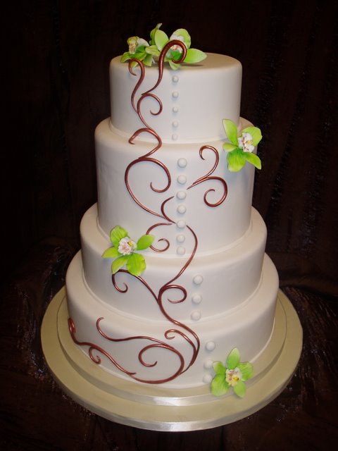 Fondant Wedding Cake with Copper Swirls and Green Orchids