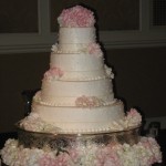 White Cake with Pink Hydrangeas and Polka Dots