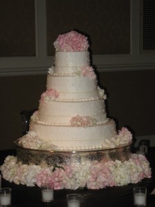 White Cake with Pink Hydrangeas and Polka Dots White Cake with Pink Hydrangeas and Polka Dots
