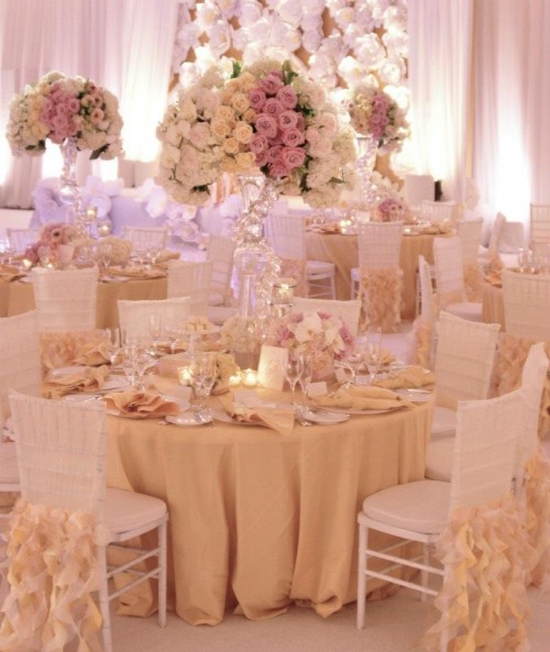 peach and white tablescape with crystal e1351518791938 5 Amazing Luxury Wedding Reception Centerpiece Looks to Inspire 